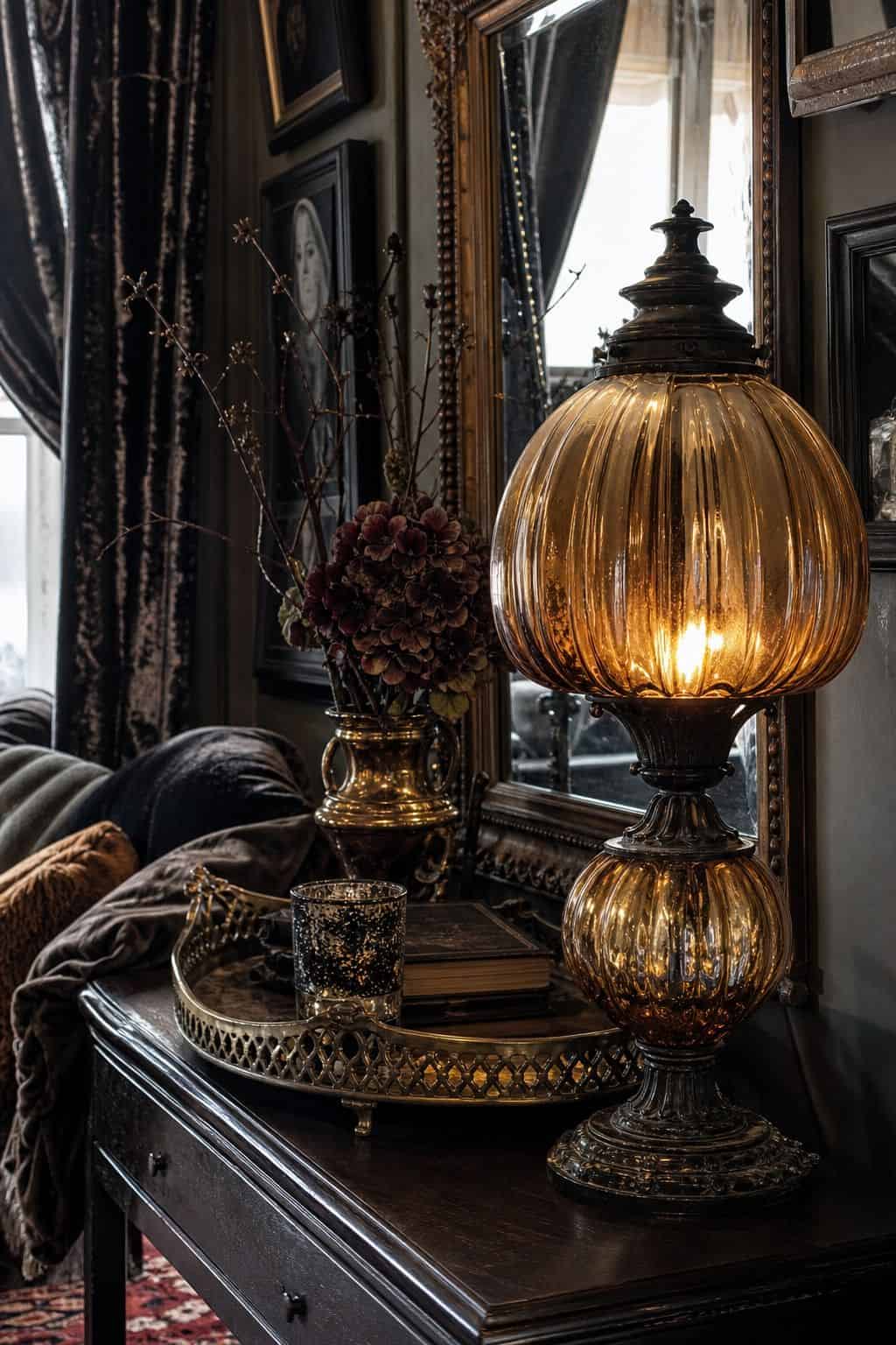 Amber glass lamp on a dark wood console in a whimsigoth sitting room.
