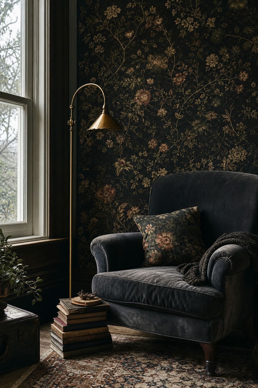 Antique brass floor lamp beside a moody upholstered whimsigoth armchair.