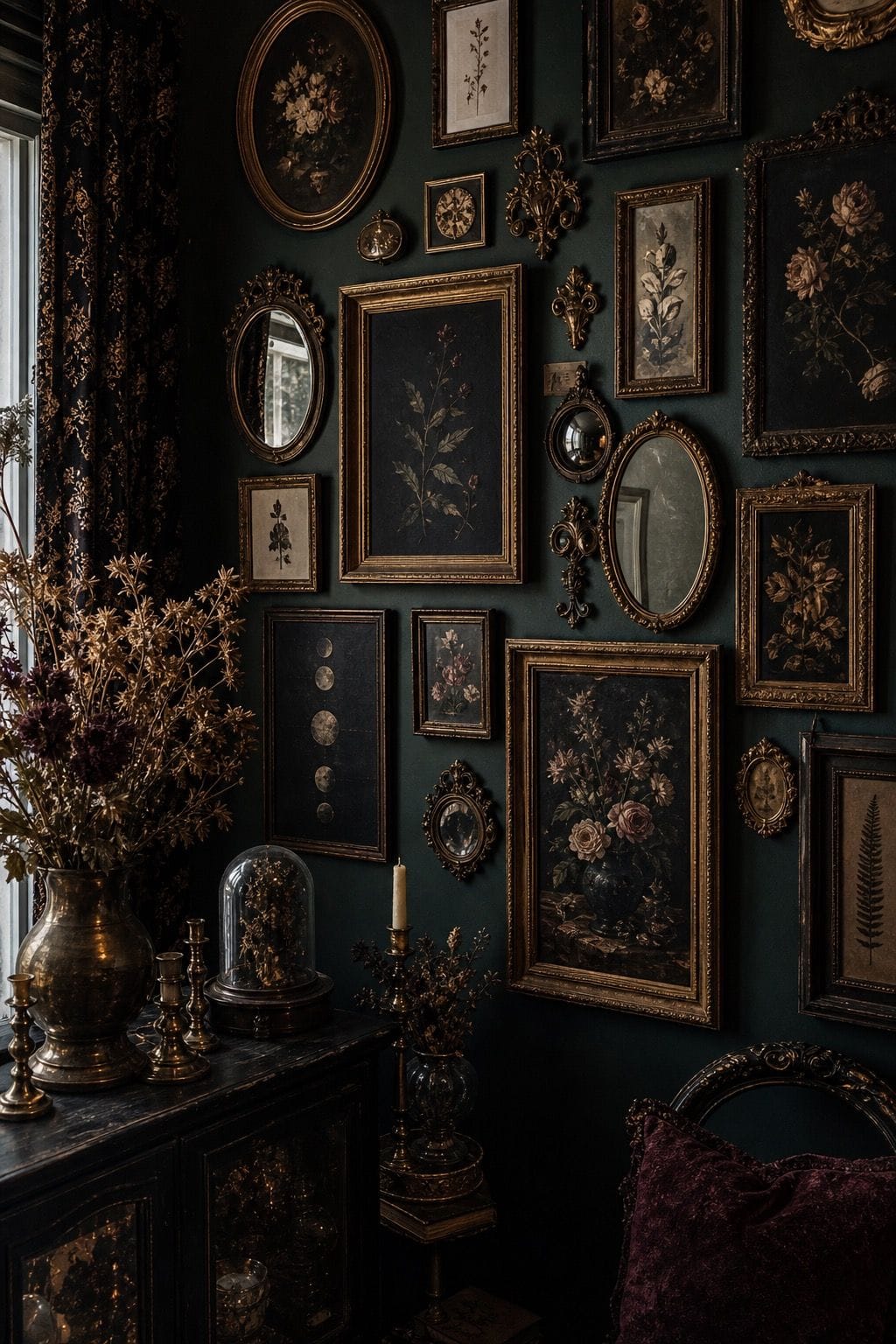 Create a Gallery Wall With Antique Frames and Dark Art in a moody whimsigoth home with vintage decor and warm lighting.