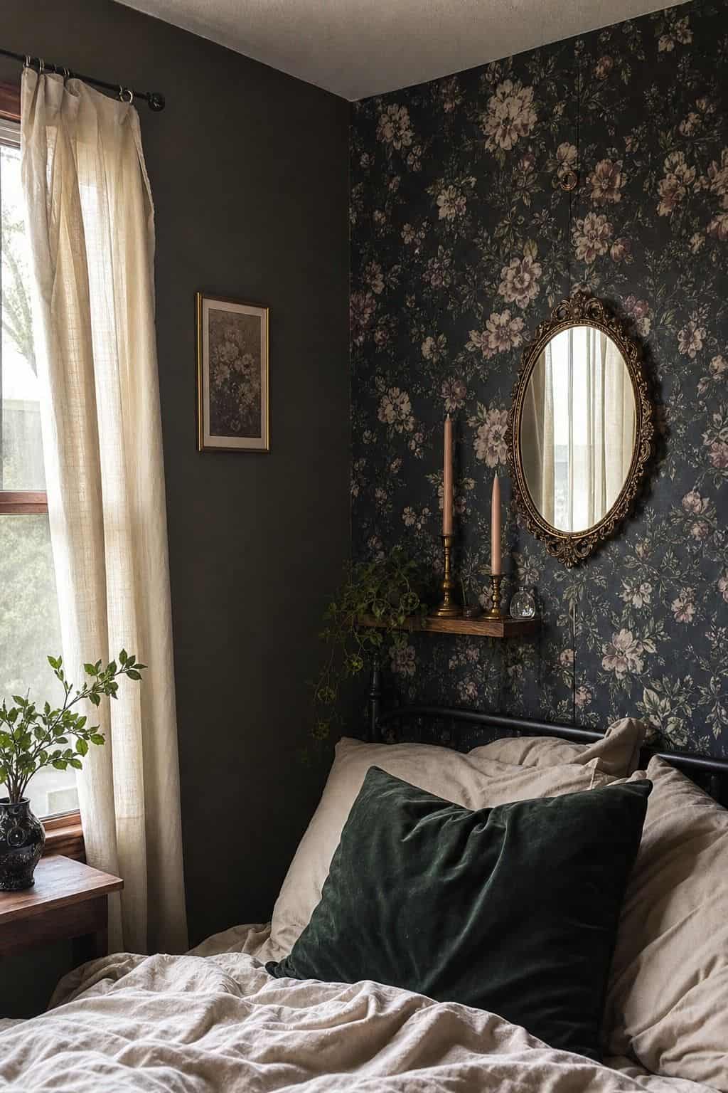 Dark floral peel-and-stick wallpaper creating a budget whimsigoth bedroom feature wall.