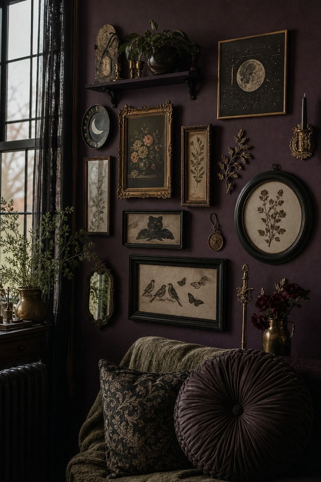Moody whimsigoth gallery wall with antique frames, celestial accents, and dark vintage decor.
