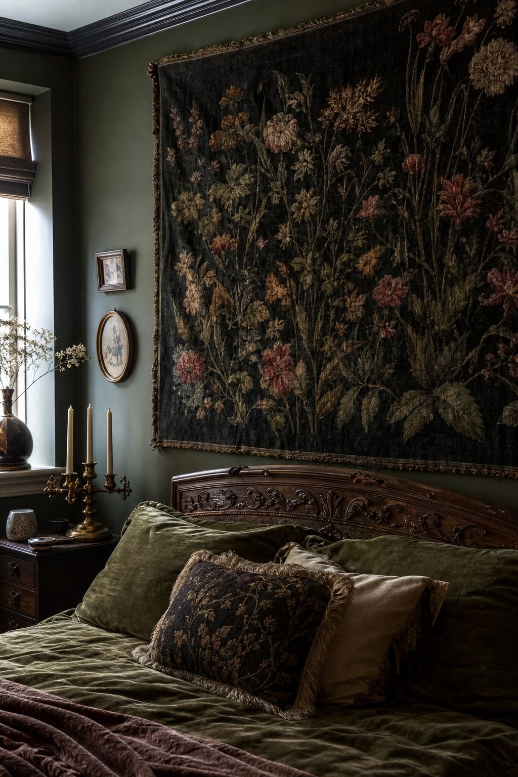 Oversized dark botanical tapestry above a vintage bed in a moody whimsigoth bedroom.