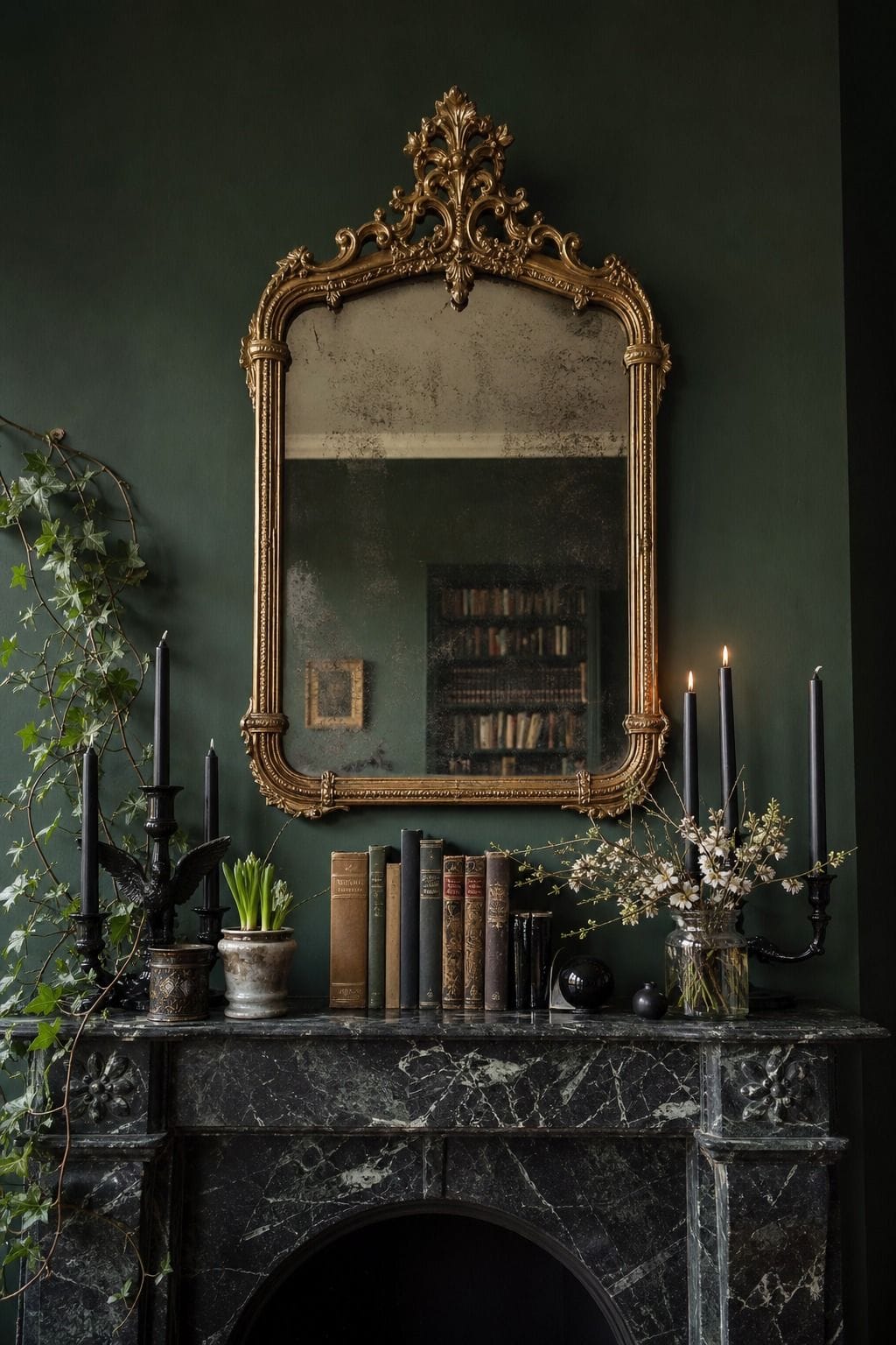 Ornate gilt mirror over a mantel with black candles, ivy, and dark romantic decor.