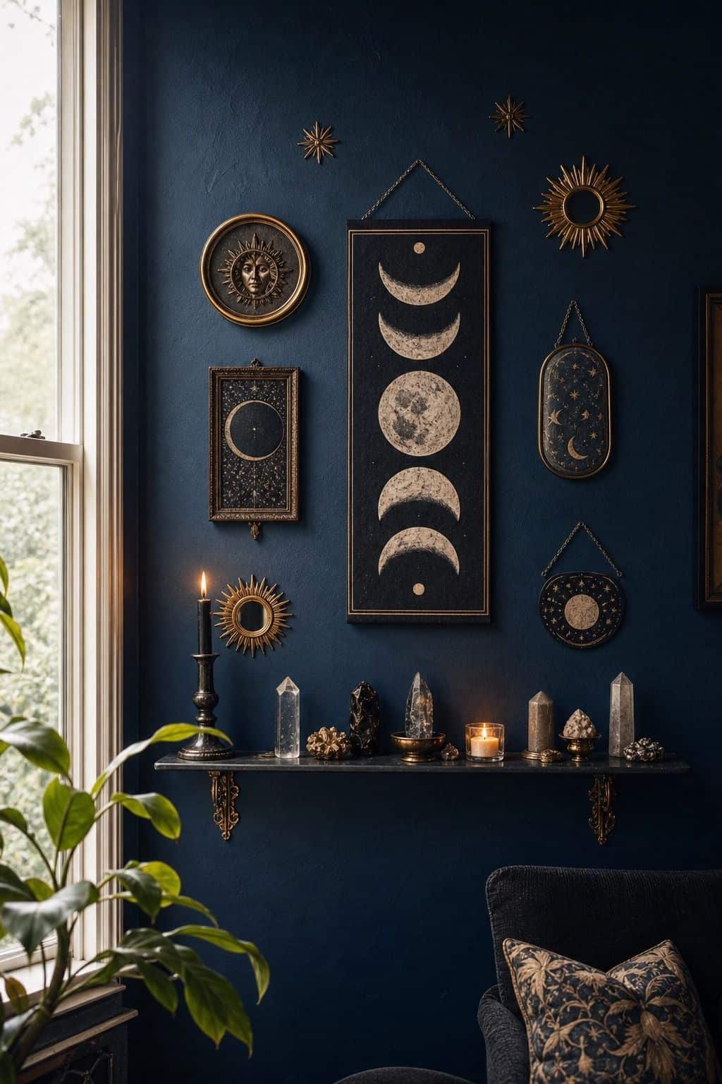 Deep blue wall with moon phase art, brass starbursts, crystals, and candle accents.