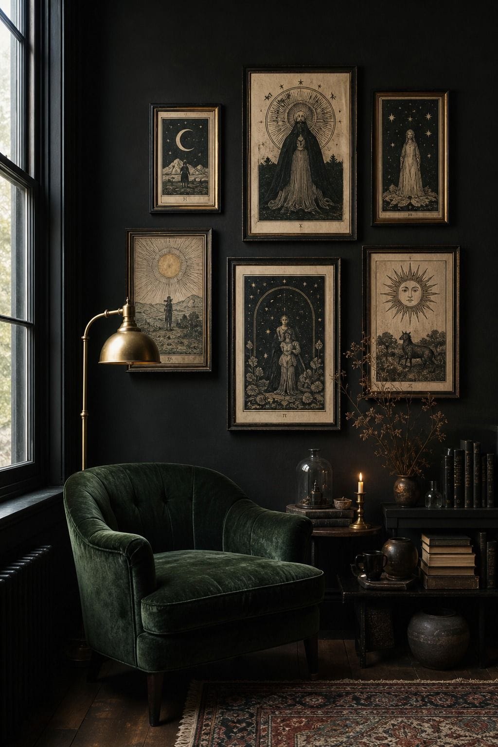 Dark reading nook wall with framed tarot-inspired art, velvet chair, books, and candles.