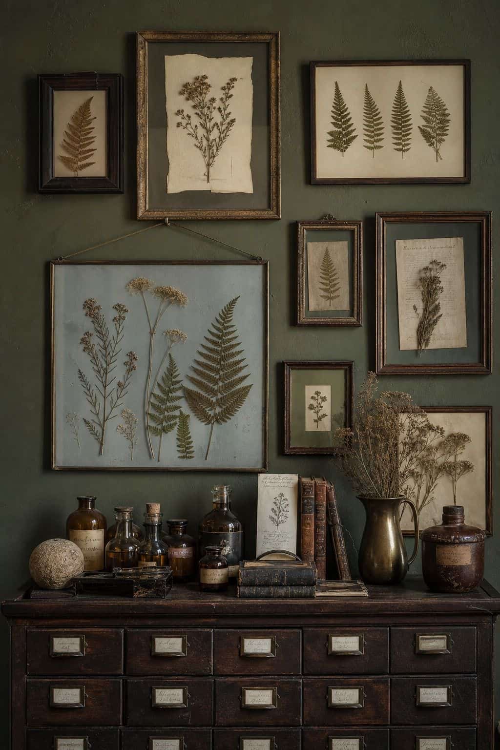 Olive green wall with framed pressed ferns, herbs, wildflowers, and apothecary decor.