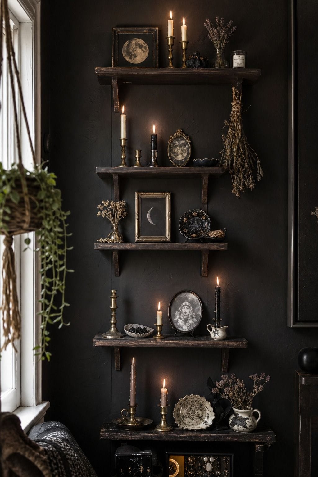 Staggered dark wood candle shelves with tapers, dried herbs, moon art, and ceramic dishes.
