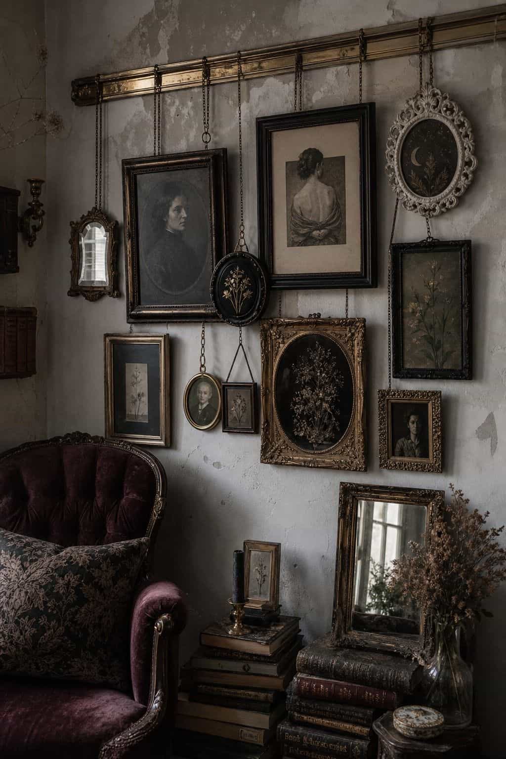 Old apartment wall with brass picture rail, layered framed art, chains, mirror, and books.