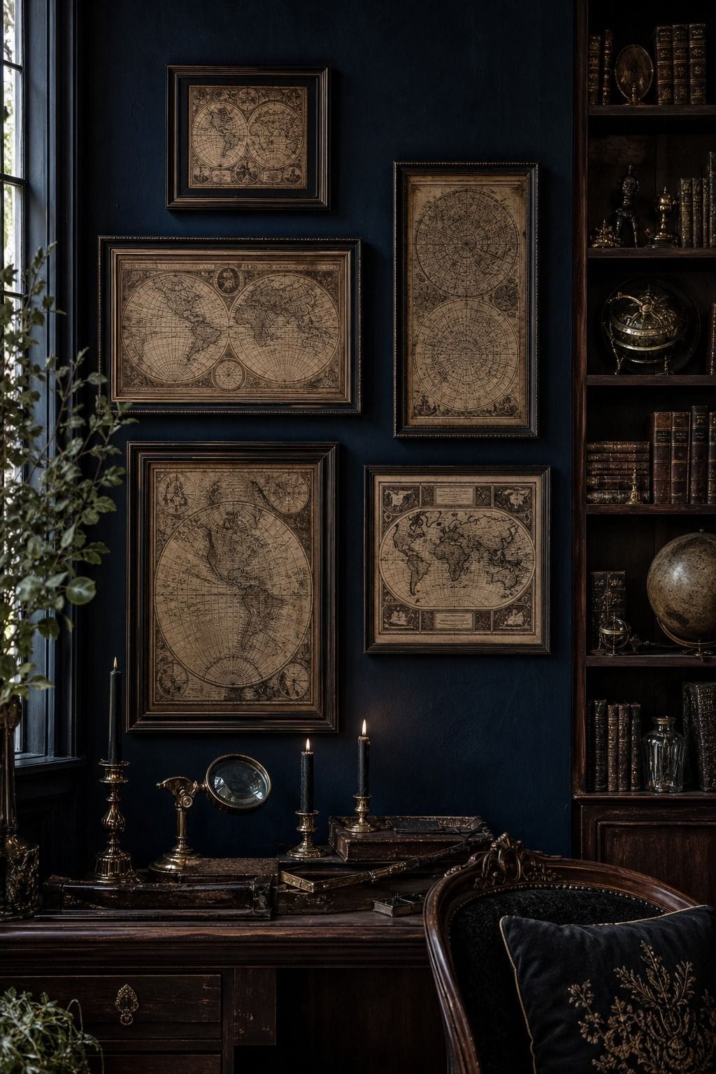 Midnight blue library wall with framed antique-style maps, dark shelves, brass accents, and candles.