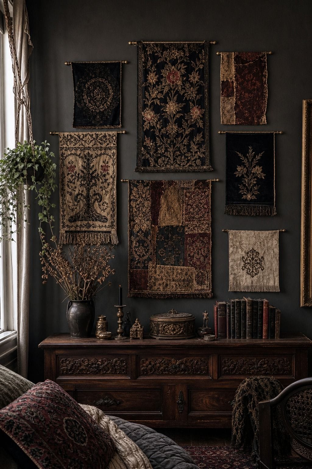 Charcoal bedroom wall with mounted vintage textile panels above a carved wood dresser.