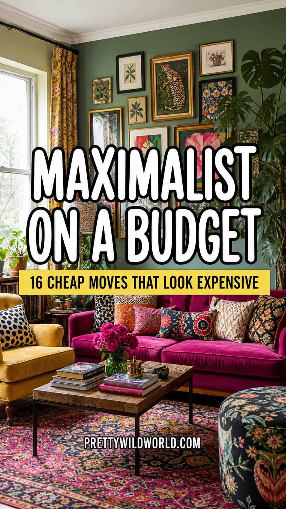 Pinterest pin for Pretty Wild World featuring the article Maximalist On A Budget: 16 Cheap Moves That Look Expensive, designed around a colorful budget maximalist room with bold readable title text, a sunshine yellow subtitle bar, and polished lifestyle-blog styling. It invites readers to discover affordable thrifted, DIY, and secondhand decor ideas that create a layered expensive look without overspending.