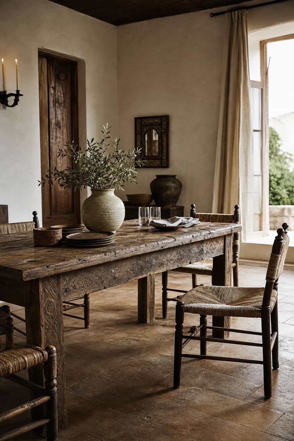 Mediterranean furniture inspiration for a carved or rustic wood table, styled in a warm sun-washed home with natural textures, aged wood, linen, terracotta, woven details, and soft daylight. This realistic editorial image supports section 1 of the guide with an inviting lived-in look, showing how the piece can bring relaxed coastal European character, handcrafted warmth, and timeless rustic elegance into a modern room.