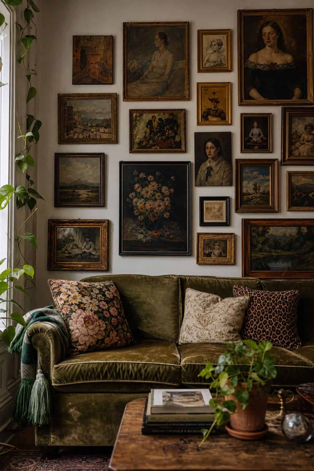 Budget maximalist decor idea showing thrifted gallery-wall art in a realistic, lived-in home scene with layered color, vintage texture, and collected pieces that feel affordable rather than showroom perfect. The image supports the post's section 1 by making the cheap styling move look intentional, cozy, and expensive through natural light, tactile materials, and approachable thrifted details. It keeps the idea clear, practical, and easy to imagine in a real home.