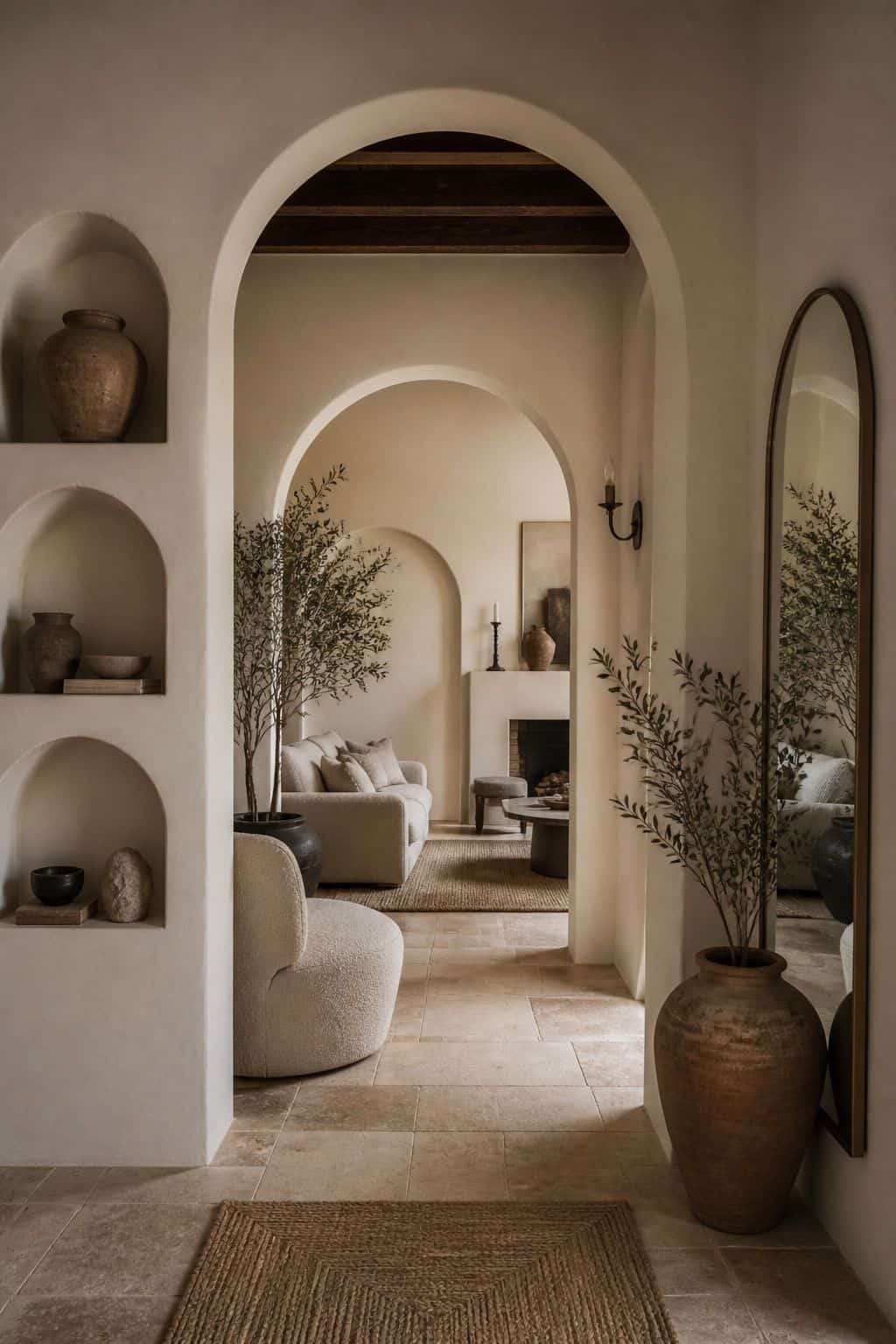 Editorial image for arches and soft curves throughout, showing modern Mediterranean home interior with plaster archways, curved niche shelves, rounded boucle chair, arched mirror, terracotta vase, and softly curved furniture in soft natural daylight with realistic texture and relaxed styling. Save this for Mediterranean interior design, Mediterranean living room ideas, zellige tile kitchen, and architectural greenery inspiration when planning a warm, layered home that feels polished,.
