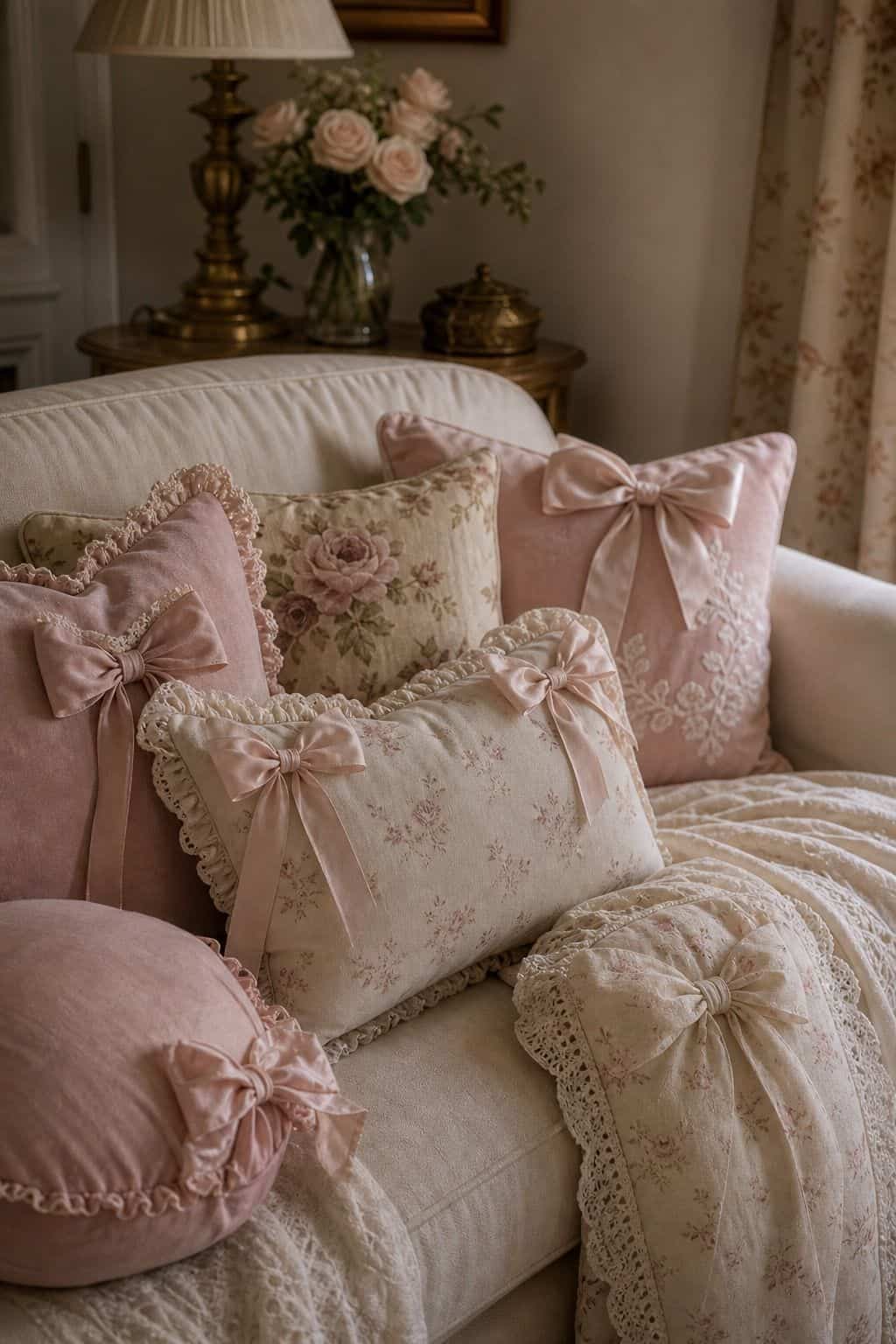 Cream and blush throw pillows with delicate bow trim sit on a soft living room sofa beside vintage florals and brass details. The close-up styling highlights how small bow accents can bring a coquette mood into the room while still feeling subtle, tactile, and easy to layer with existing pillows, throws, and feminine decor pieces. It suits readers who want a low-commitment update, since pillows can introduce bows, texture, and softness without changing the main furniture or wall color.