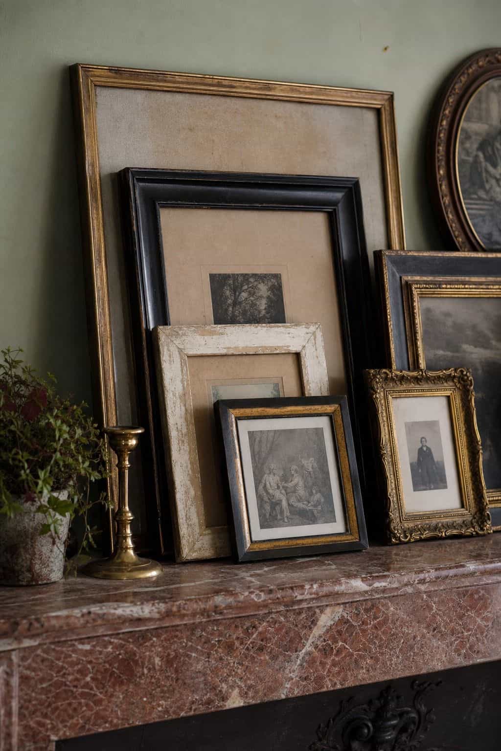 Budget maximalist decor idea showing mismatched vintage frames in a realistic, lived-in home scene with layered color, vintage texture, and collected pieces that feel affordable rather than showroom perfect. The image supports the post's section 2 by making the cheap styling move look intentional, cozy, and expensive through natural light, tactile materials, and approachable thrifted details. It keeps the idea clear, practical, and easy to imagine in a real home.