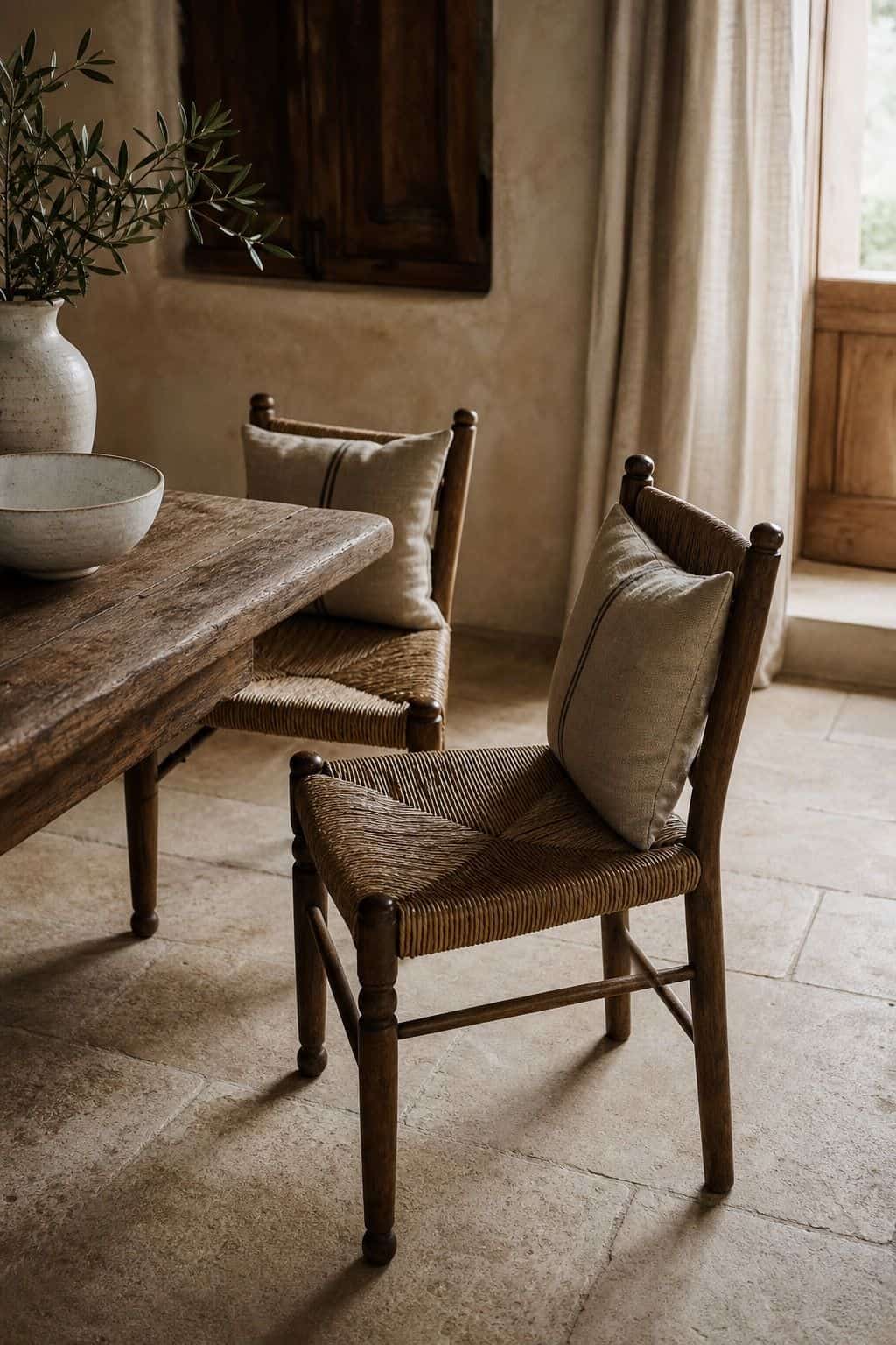 Mediterranean furniture inspiration for rush or woven-seat chairs, styled in a warm sun-washed home with natural textures, aged wood, linen, terracotta, woven details, and soft daylight. This realistic editorial image supports section 2 of the guide with an inviting lived-in look, showing how the piece can bring relaxed coastal European character, handcrafted warmth, and timeless rustic elegance into a modern room.