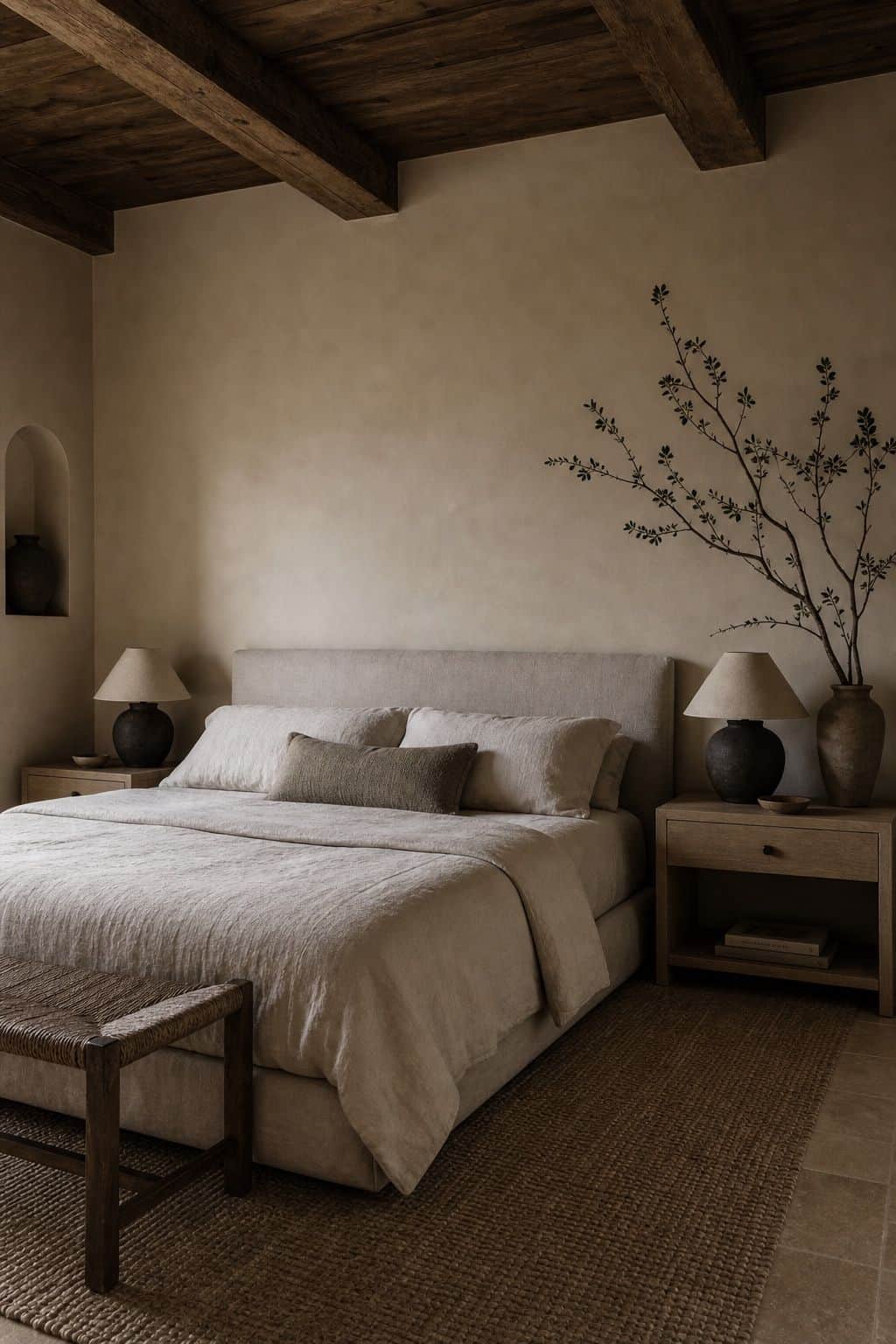 Editorial image for a bedroom that stays spare, showing spare modern Mediterranean bedroom with plaster walls, low linen bed, pale oak nightstands, simple ceramic lamps, textured wool rug, and one sculptural branch arrangement in soft natural daylight with realistic texture and relaxed styling. Save this for modern Mediterranean decor ideas, plaster walls interior, Mediterranean bedroom decor, and terracotta decor inspiration when planning a warm, layered home that feels polished, livable,.