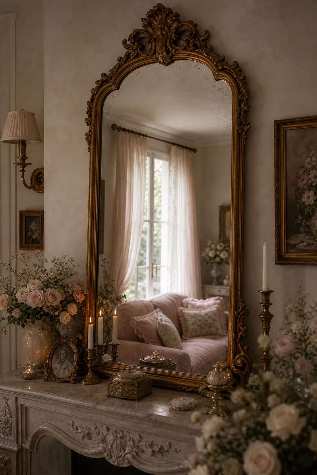 A gilded ornate mirror leans above a vintage console in a soft coquette living room with candles, pale roses, and airy curtains reflected in the glass. The aged gold finish adds romance and height, making the space feel collected and feminine while bouncing natural light around the room in a way that feels elegant instead of flashy. It helps readers picture a practical focal point above a mantel, sofa, or console while making pink, cream, floral, and candlelit details feel intentional.