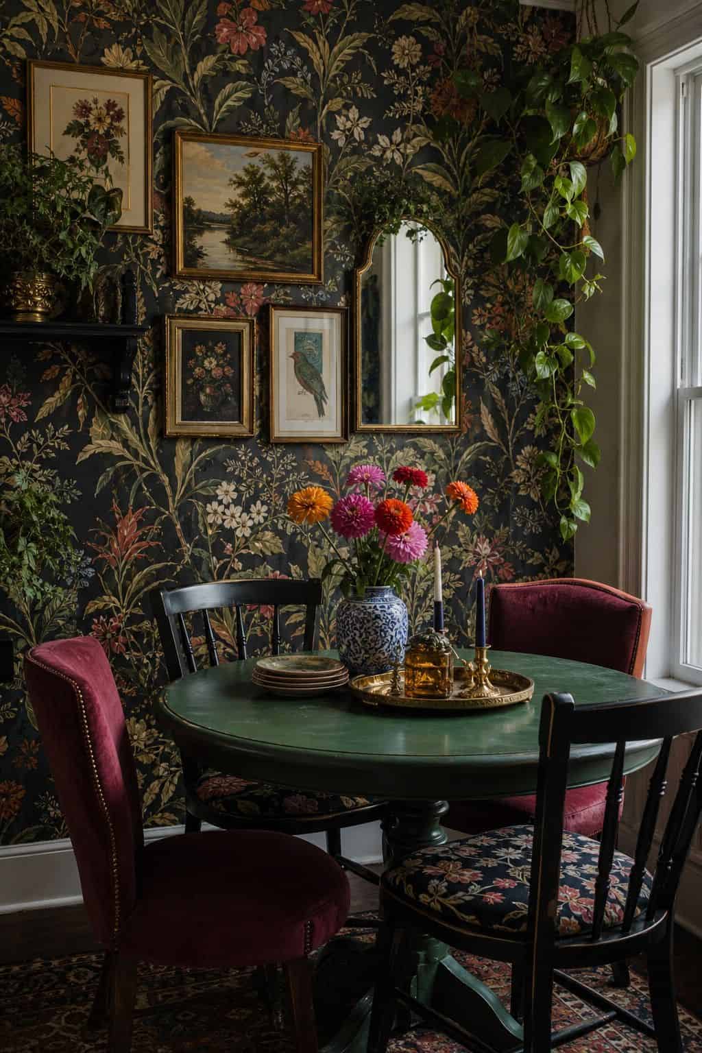 Budget maximalist decor idea showing peel-and-stick bold wallpaper in a realistic, lived-in home scene with layered color, vintage texture, and collected pieces that feel affordable rather than showroom perfect. The image supports the post's section 3 by making the cheap styling move look intentional, cozy, and expensive through natural light, tactile materials, and approachable thrifted details. It keeps the idea clear, practical, and easy to imagine in a real home.