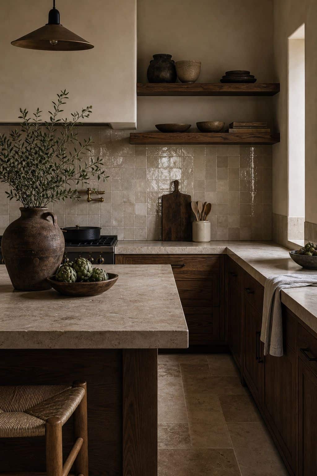 Editorial image for a kitchen with warm wood and tile, showing modern Mediterranean kitchen with warm walnut cabinets, handmade zellige tile backsplash, honed stone counters, unlacquered brass faucet, ceramic bowls, and soft open shelving in soft natural daylight with realistic texture and relaxed styling. Save this for warm neutral home decor, travertine decor, indoor outdoor living ideas, and modern Mediterranean home decor inspiration when planning a warm, layered home that feels.