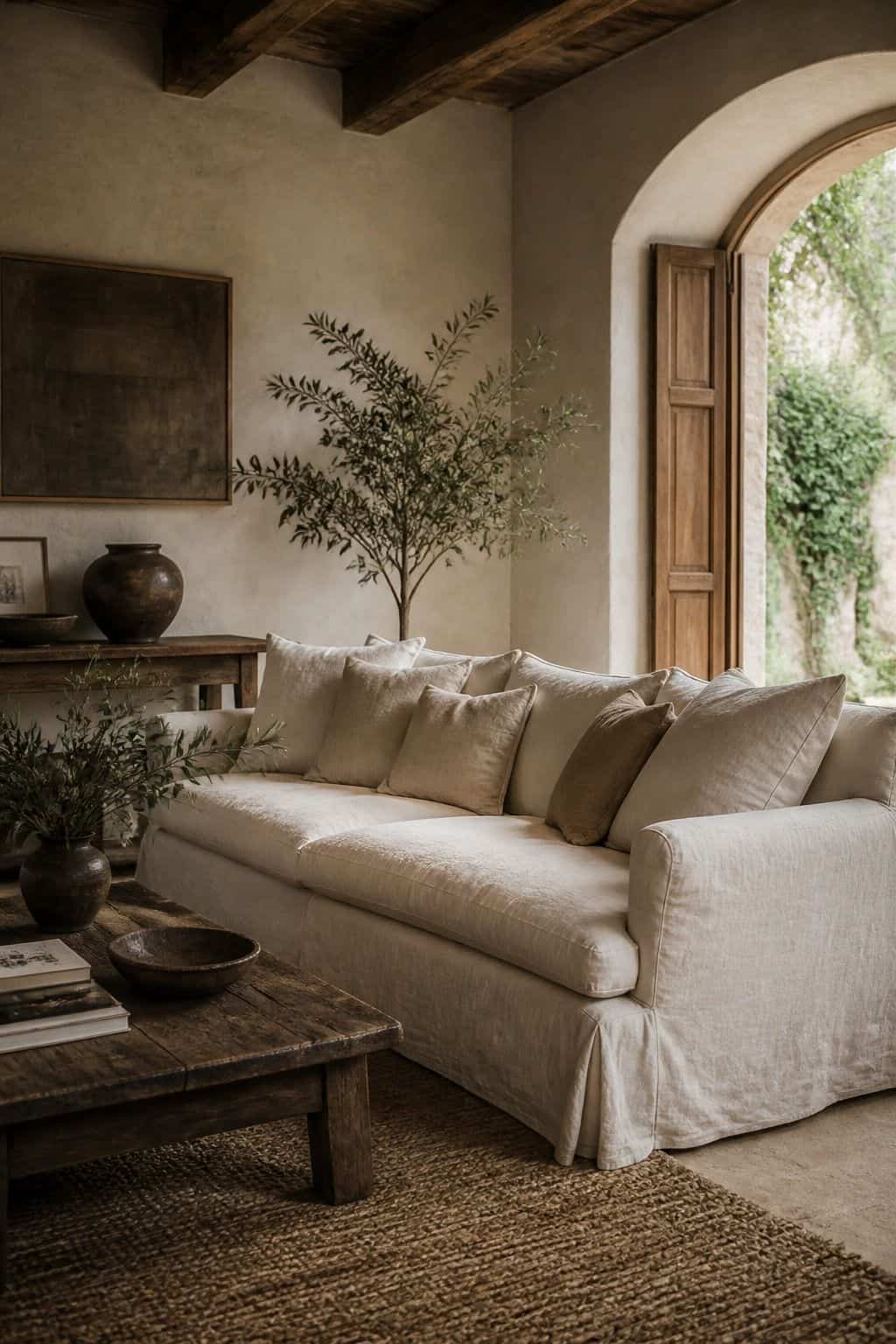 Mediterranean furniture inspiration for a slipcovered linen sofa, styled in a warm sun-washed home with natural textures, aged wood, linen, terracotta, woven details, and soft daylight. This realistic editorial image supports section 4 of the guide with an inviting lived-in look, showing how the piece can bring relaxed coastal European character, handcrafted warmth, and timeless rustic elegance into a modern room.