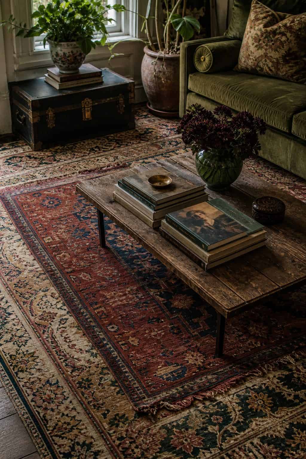 Budget maximalist decor idea showing layered thrifted rugs in a realistic, lived-in home scene with layered color, vintage texture, and collected pieces that feel affordable rather than showroom perfect. The image supports the post's section 4 by making the cheap styling move look intentional, cozy, and expensive through natural light, tactile materials, and approachable thrifted details. It keeps the idea clear, practical, and easy to imagine in a real home.