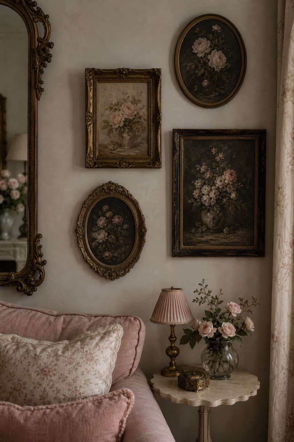 Vintage floral artwork in aged gold and wood frames hangs above a soft living room corner with a blush sofa, scalloped table, and tiny brass lamp. The collected mix of rose prints and painterly flowers gives the wall a romantic coquette feeling while keeping the room personal, layered, and less like a matching showroom display. It gives readers a wall decor idea they can recreate with thrifted prints, estate-sale frames, or soft botanical artwork rather than new matching pieces.