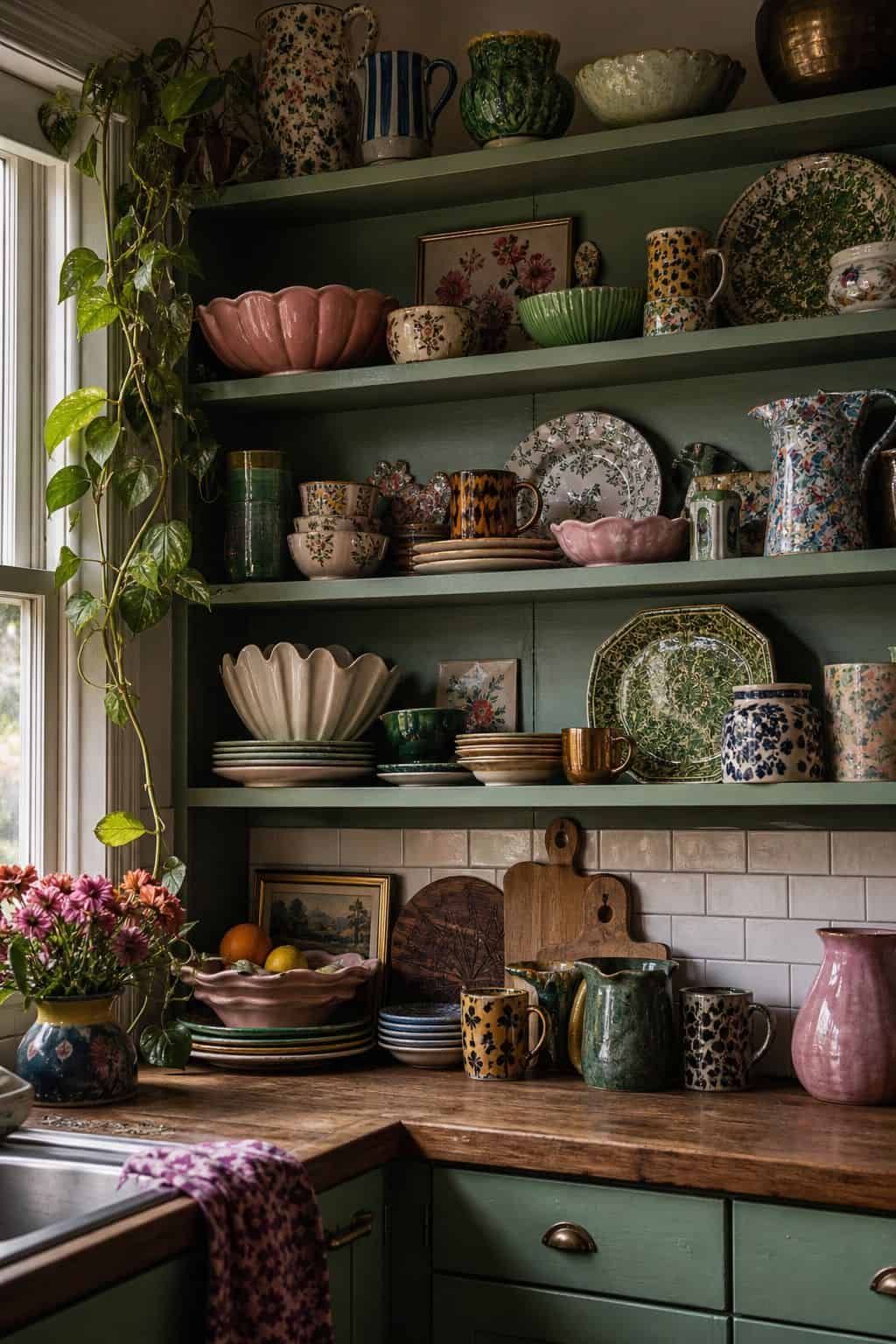 Budget maximalist decor idea showing collected ceramics in a realistic, lived-in home scene with layered color, vintage texture, and collected pieces that feel affordable rather than showroom perfect. The image supports the post's section 5 by making the cheap styling move look intentional, cozy, and expensive through natural light, tactile materials, and approachable thrifted details. It keeps the idea clear, practical, and easy to imagine in a real home.