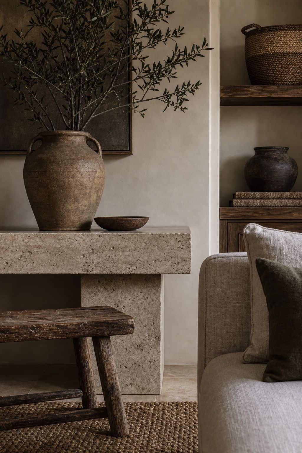 Editorial image for natural materials in every room, showing modern Mediterranean room corner featuring linen upholstery, travertine side table, weathered oak stool, jute rug, hand-thrown ceramics, plaster walls, and woven baskets in soft natural daylight with realistic texture and relaxed styling. Save this for Mediterranean living room ideas, zellige tile kitchen, architectural greenery, and Mediterranean interior design inspiration when planning a warm, layered home that feels polished,.