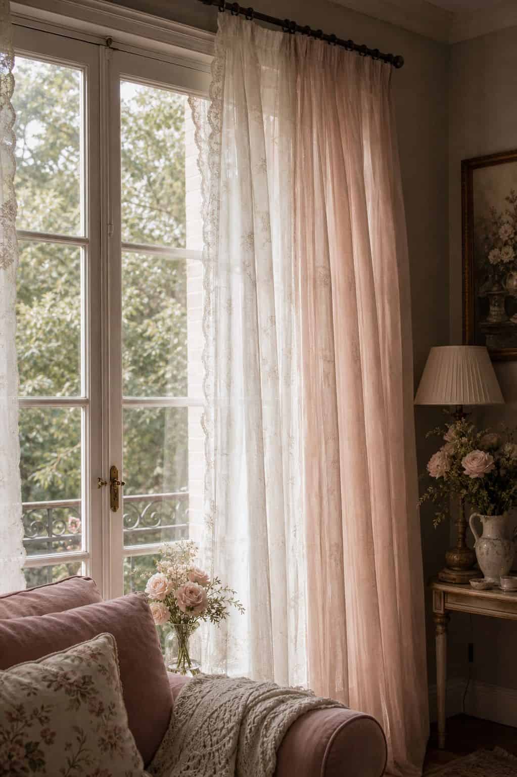 Soft ivory and blush sheer curtains filter daylight in a romantic coquette living room with flowers on the windowsill and a vintage rod above. The layered fabric adds movement, privacy, and a dreamy feminine texture without making the room feel heavy, giving the whole space a gentle glow that still looks realistic and lived in. It helps readers see how window treatments can shift the mood of the whole room, especially when paired with blush accents, floral decor, and vintage-inspired furniture.