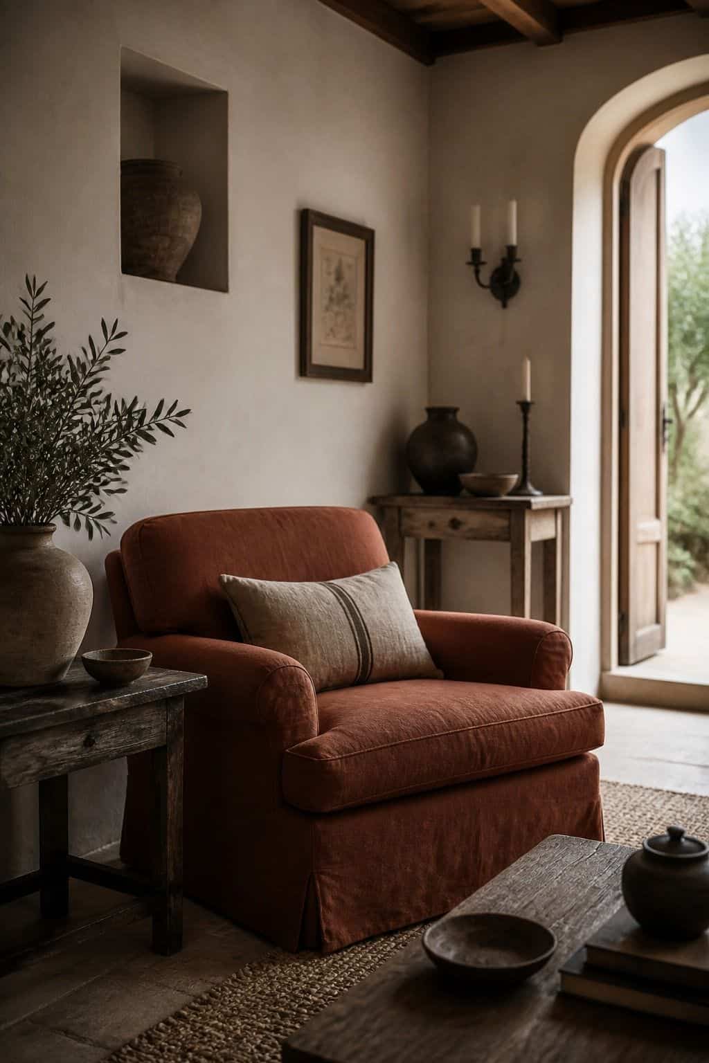 Mediterranean furniture inspiration for terracotta-toned upholstery, styled in a warm sun-washed home with natural textures, aged wood, linen, terracotta, woven details, and soft daylight. This realistic editorial image supports section 5 of the guide with an inviting lived-in look, showing how the piece can bring relaxed coastal European character, handcrafted warmth, and timeless rustic elegance into a modern room.