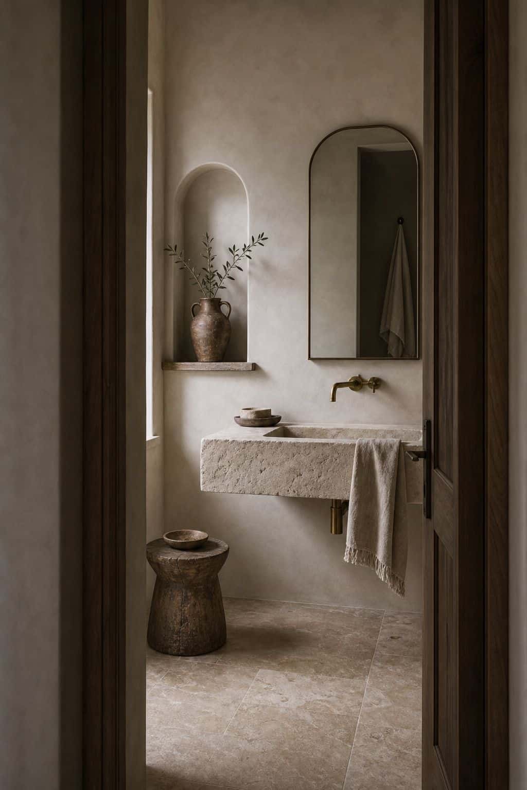 Editorial image for a bathroom with plaster and stone, showing modern Mediterranean bathroom with tadelakt plaster walls, stone trough sink, brass wall faucet, arched niche, linen towel, clay stool, and natural stone floor in soft natural daylight with realistic texture and relaxed styling. Save this for plaster walls interior, Mediterranean bedroom decor, terracotta decor, and modern Mediterranean decor ideas inspiration when planning a warm, layered home that feels polished, livable, and.