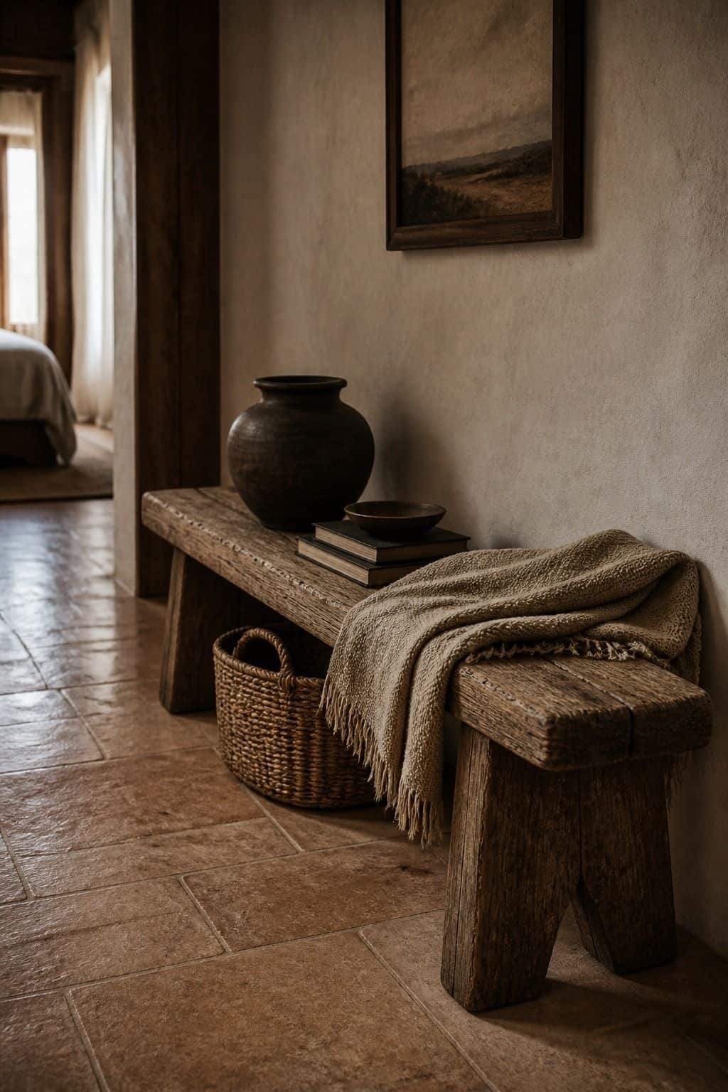 Mediterranean furniture inspiration for a low wood bench, styled in a warm sun-washed home with natural textures, aged wood, linen, terracotta, woven details, and soft daylight. This realistic editorial image supports section 6 of the guide with an inviting lived-in look, showing how the piece can bring relaxed coastal European character, handcrafted warmth, and timeless rustic elegance into a modern room.