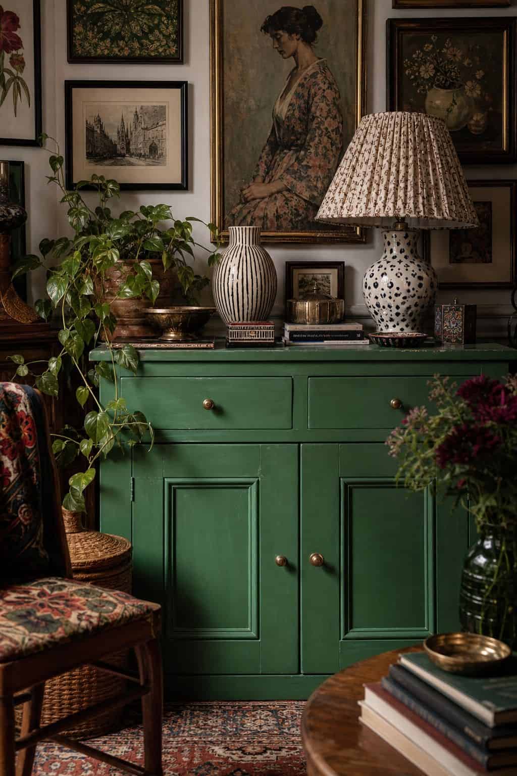 Budget maximalist decor idea showing bold paint on one piece in a realistic, lived-in home scene with layered color, vintage texture, and collected pieces that feel affordable rather than showroom perfect. The image supports the post's section 6 by making the cheap styling move look intentional, cozy, and expensive through natural light, tactile materials, and approachable thrifted details. It keeps the idea clear, practical, and easy to imagine in a real home.