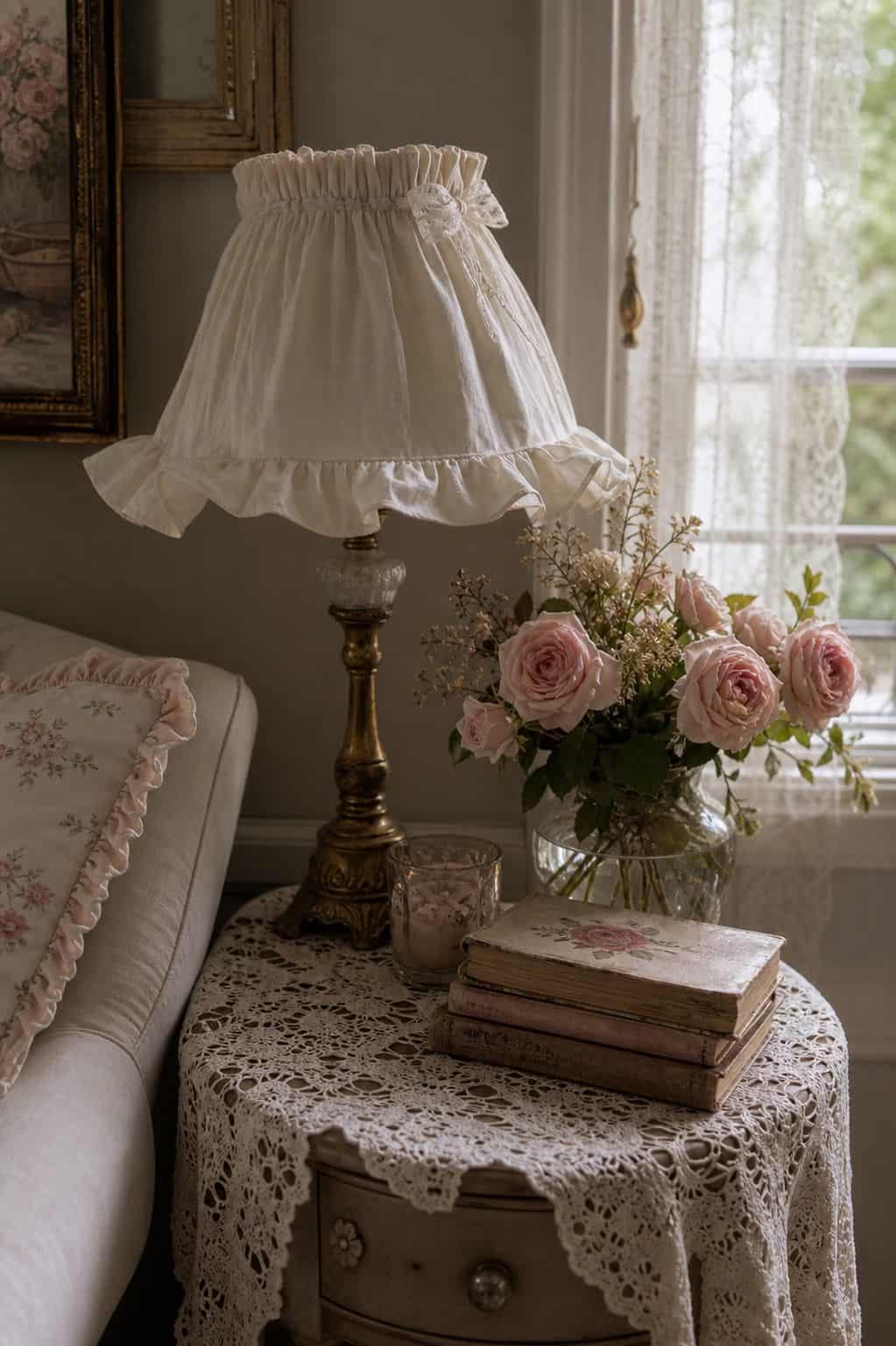 A small vintage table lamp with a ruffled cream fabric shade sits beside roses, antique books, and a lace runner in a coquette living room. The soft lampshade detail adds a romantic, slightly nostalgic layer to the space, proving that lighting can feel feminine and decorative even before the lamp is turned on. It gives readers a small, specific lighting update that can make a plain side table feel more styled, especially when paired with roses, old books, and warm metallic accents.
