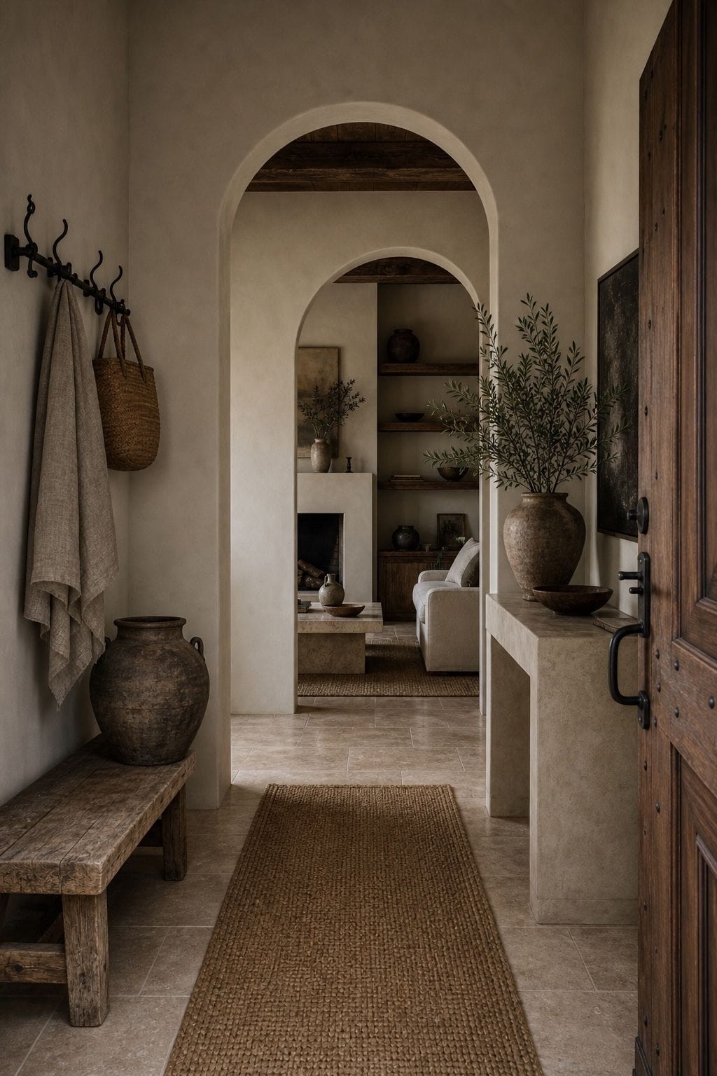 Editorial image for an entry that sets the tone, showing modern Mediterranean entry with arched doorway, plaster console, vintage wood bench, terracotta urn, woven runner, black iron hook rail, and warm stone flooring in soft natural daylight with realistic texture and relaxed styling. Save this for travertine decor, indoor outdoor living ideas, modern Mediterranean home decor, and warm neutral home decor inspiration when planning a warm, layered home that feels polished, livable, and.