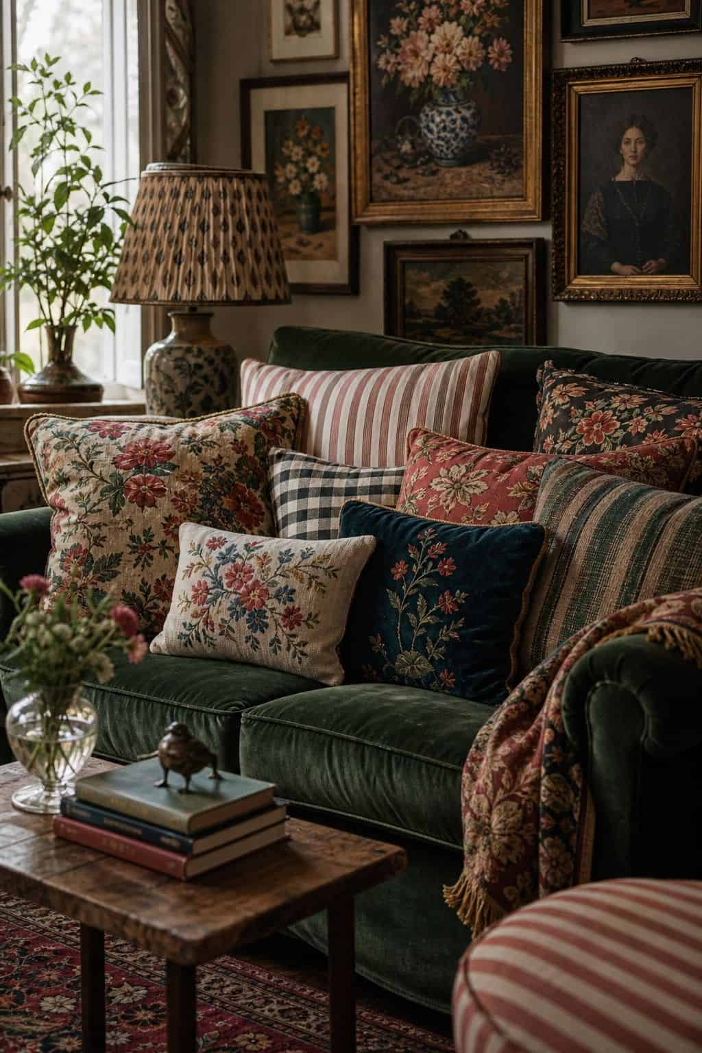 Budget maximalist decor idea showing patterned cushion covers in a realistic, lived-in home scene with layered color, vintage texture, and collected pieces that feel affordable rather than showroom perfect. The image supports the post's section 7 by making the cheap styling move look intentional, cozy, and expensive through natural light, tactile materials, and approachable thrifted details. It keeps the idea clear, practical, and easy to imagine in a real home.