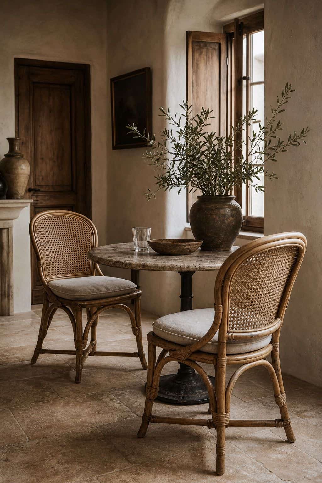 Mediterranean furniture inspiration for rattan and cane chairs, styled in a warm sun-washed home with natural textures, aged wood, linen, terracotta, woven details, and soft daylight. This realistic editorial image supports section 7 of the guide with an inviting lived-in look, showing how the piece can bring relaxed coastal European character, handcrafted warmth, and timeless rustic elegance into a modern room.