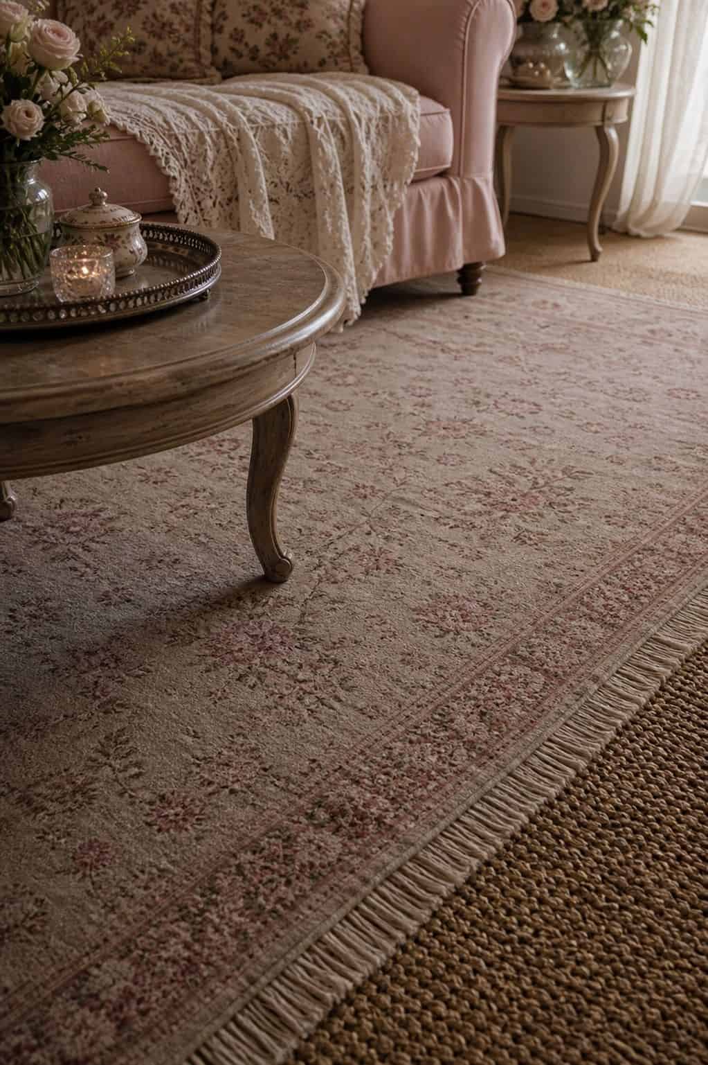 A faded floral rug layered over a natural base rug grounds a coquette living room with a blush sofa, curved coffee table, and soft lace throw nearby. The low view shows how layered rugs can add warmth, pattern, and gentle romance underfoot while making the room feel collected, comfortable, and more finished. It helps readers visualize a softer floor plan that supports blush, ivory, floral, and vintage accents without making the living room feel overly precious or hard to use.
