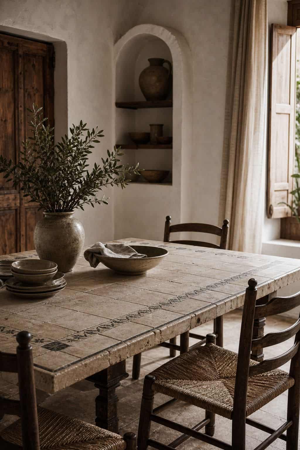 Mediterranean furniture inspiration for a tiled or stone-top table, styled in a warm sun-washed home with natural textures, aged wood, linen, terracotta, woven details, and soft daylight. This realistic editorial image supports section 8 of the guide with an inviting lived-in look, showing how the piece can bring relaxed coastal European character, handcrafted warmth, and timeless rustic elegance into a modern room.