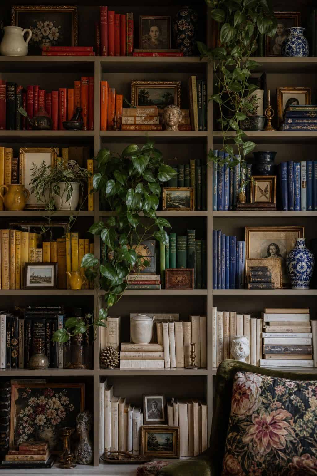 Budget maximalist decor idea showing color-grouped books in a realistic, lived-in home scene with layered color, vintage texture, and collected pieces that feel affordable rather than showroom perfect. The image supports the post's section 8 by making the cheap styling move look intentional, cozy, and expensive through natural light, tactile materials, and approachable thrifted details. It keeps the idea clear, practical, and easy to imagine in a real home.