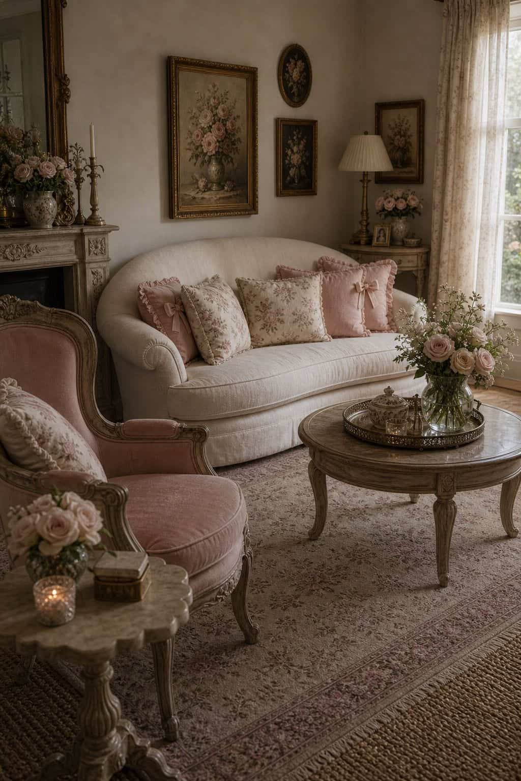 A rounded cream loveseat, curved vintage chair, and scalloped side table create a soft seating area in a feminine coquette living room. The gentle silhouettes make the space feel romantic and welcoming, balancing ornate details with comfortable pieces that look collected over time rather than bought as a perfect matching set. It gives readers an approachable furniture direction for softening a room, especially when they want feminine charm but still need pieces that feel useful, cozy, and adult.