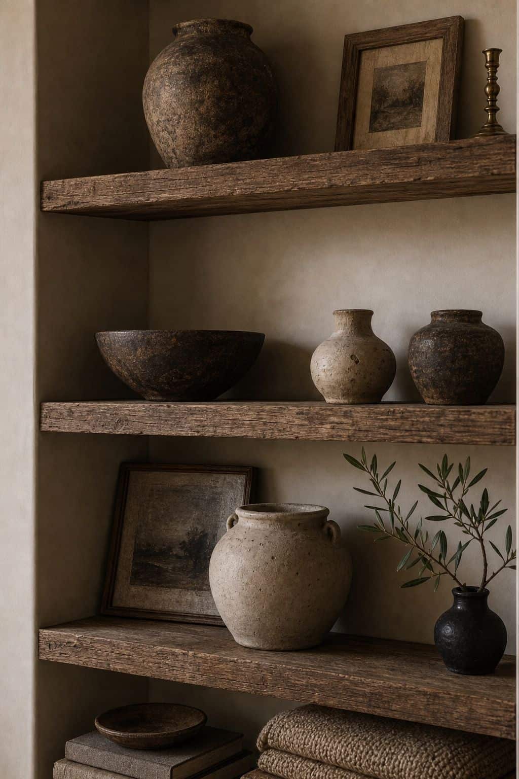 Editorial image for handcrafted objects over mass-produced, showing handcrafted Mediterranean decor on plaster shelves with irregular ceramic vessels, carved wood bowl, handwoven textile, small framed art, aged brass candleholder, and visible artisan imperfections in soft natural daylight with realistic texture and relaxed styling. Save this for zellige tile kitchen, architectural greenery, Mediterranean interior design, and Mediterranean living room ideas inspiration when planning a warm,.