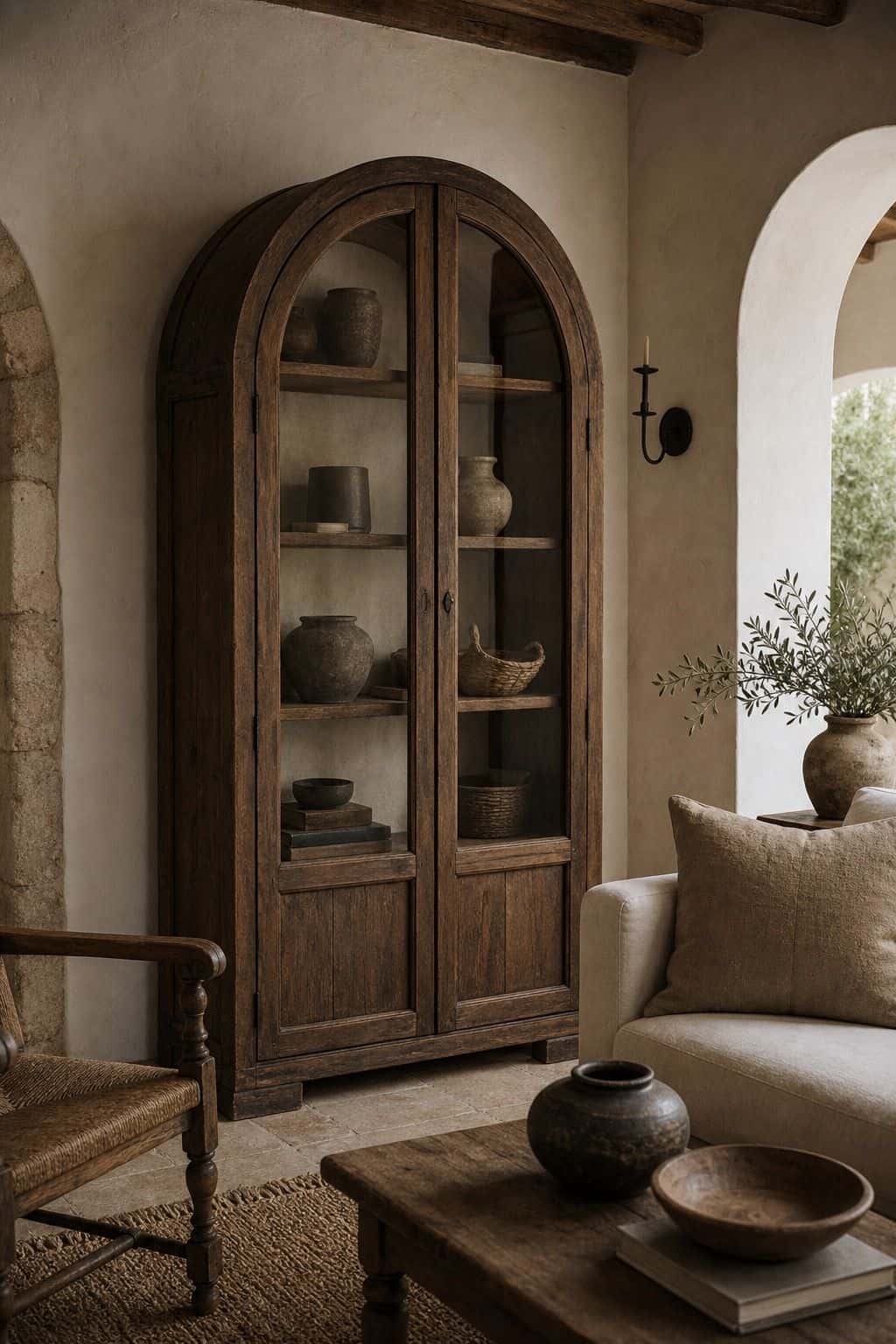 Mediterranean furniture inspiration for an arched cabinet, styled in a warm sun-washed home with natural textures, aged wood, linen, terracotta, woven details, and soft daylight. This realistic editorial image supports section 9 of the guide with an inviting lived-in look, showing how the piece can bring relaxed coastal European character, handcrafted warmth, and timeless rustic elegance into a modern room.
