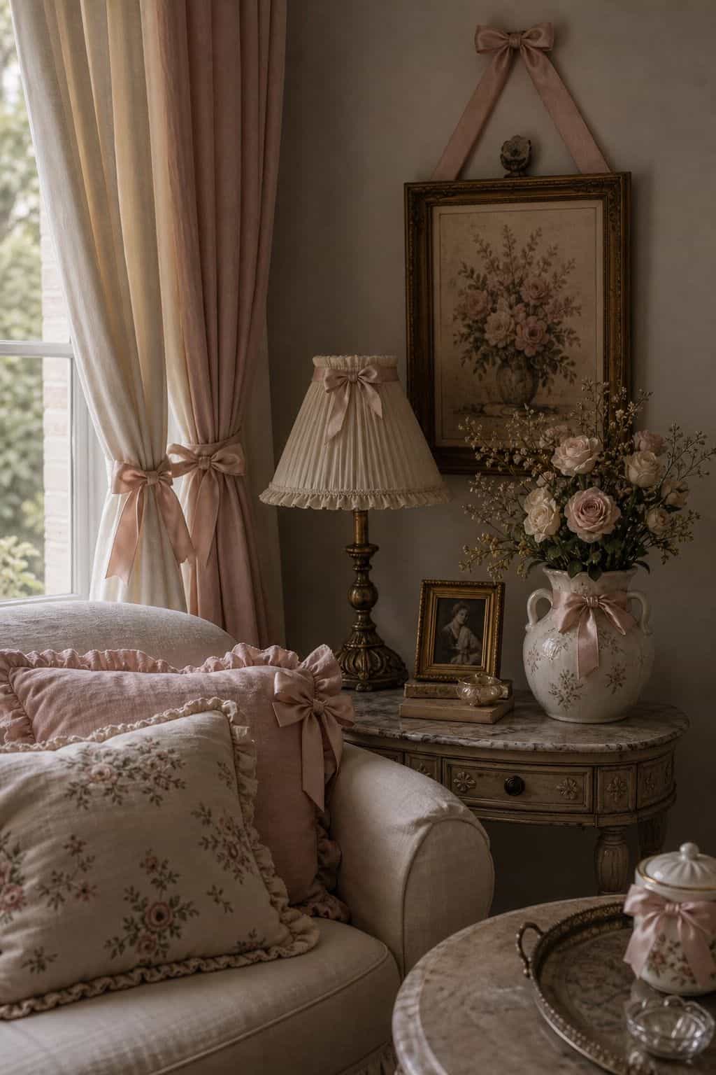 Small satin bows repeat across curtain ties, pillow corners, and a vase detail in a blush and cream coquette living room. The motif feels intentional without becoming costume-like because the bows are spread through soft textiles and accessories, adding a playful feminine thread that connects the room quietly. It helps readers understand how to repeat a theme gently through small accents, so the room reads coquette and romantic without feeling like a temporary party setup.