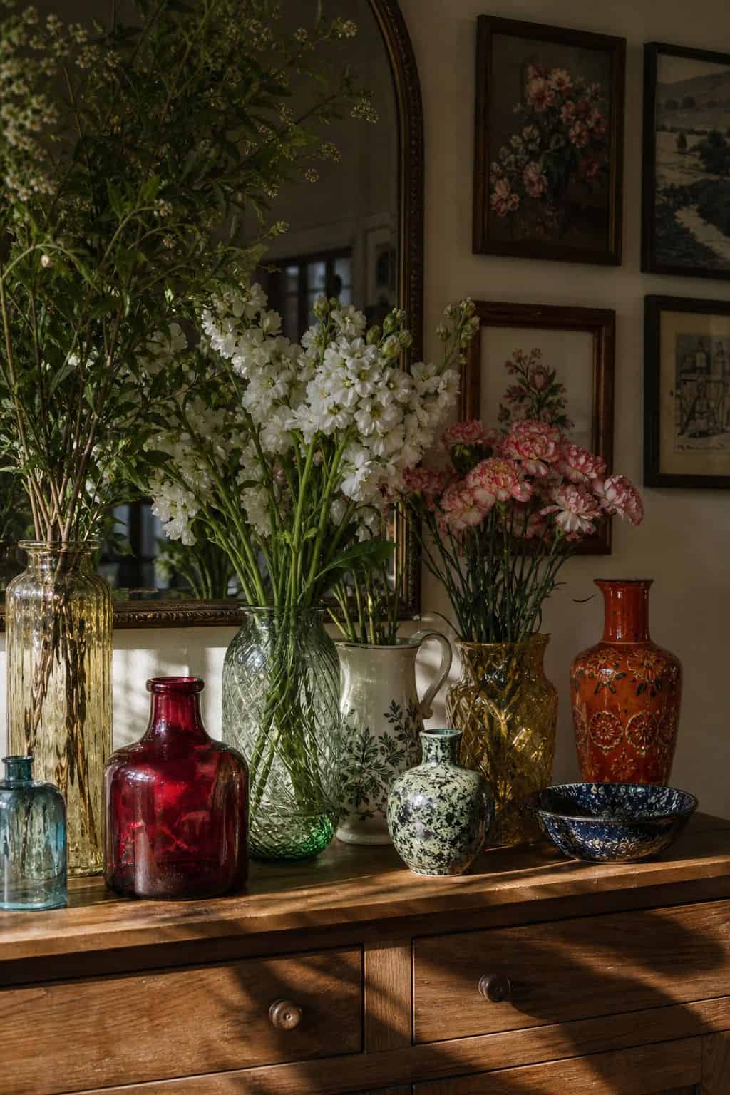 Budget maximalist decor idea showing charity-shop vases in a realistic, lived-in home scene with layered color, vintage texture, and collected pieces that feel affordable rather than showroom perfect. The image supports the post's section 9 by making the cheap styling move look intentional, cozy, and expensive through natural light, tactile materials, and approachable thrifted details. It keeps the idea clear, practical, and easy to imagine in a real home.