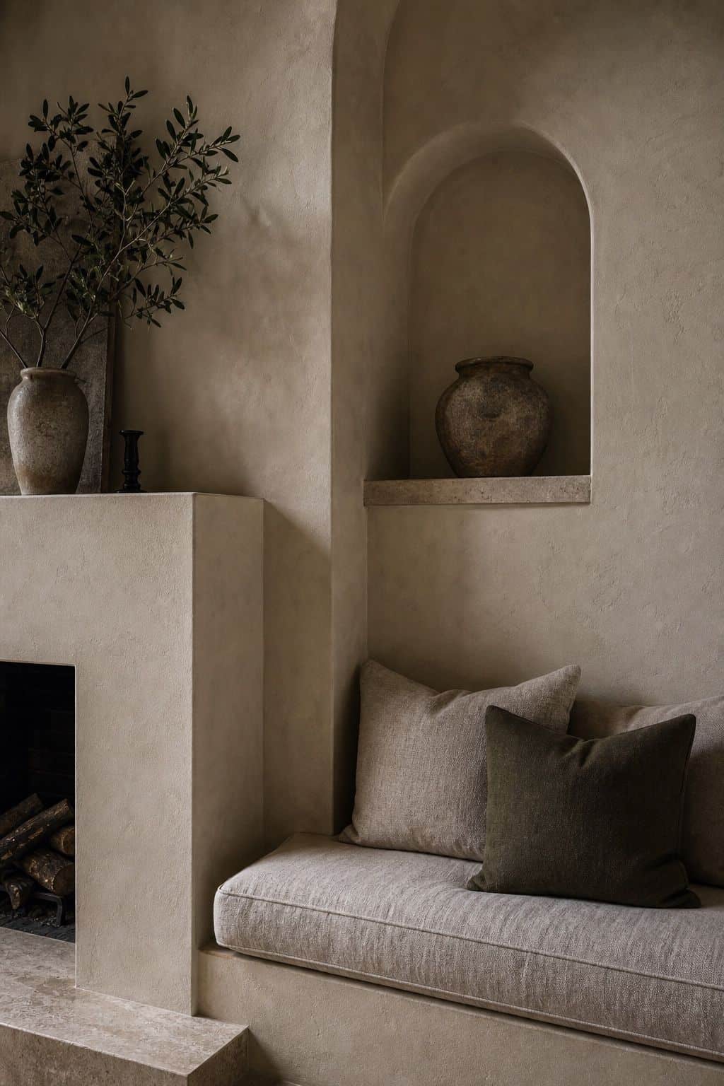 Editorial image for plaster texture as a through-line, showing modern Mediterranean sitting area where textured plaster walls connect arched niches, built-in bench seating, linen cushions, travertine ledge, and understated clay pottery in soft natural daylight with realistic texture and relaxed styling. Save this for Mediterranean bedroom decor, terracotta decor, modern Mediterranean decor ideas, and plaster walls interior inspiration when planning a warm, layered home that feels polished,.