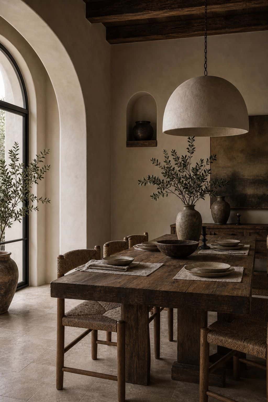 Editorial image for a dining space built around a wood table, showing modern Mediterranean dining room centered on a substantial reclaimed wood table with woven chairs, plaster pendant light, stone floor, linen napkins, ceramic serving bowls, and olive branch arrangement in soft natural daylight with realistic texture and relaxed styling. Save this for indoor outdoor living ideas, modern Mediterranean home decor, warm neutral home decor, and travertine decor inspiration when planning a warm,.