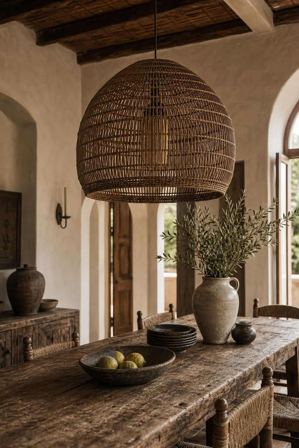 Mediterranean furniture inspiration for a woven pendant or light fixture, styled in a warm sun-washed home with natural textures, aged wood, linen, terracotta, woven details, and soft daylight. This realistic editorial image supports section 10 of the guide with an inviting lived-in look, showing how the piece can bring relaxed coastal European character, handcrafted warmth, and timeless rustic elegance into a modern room.